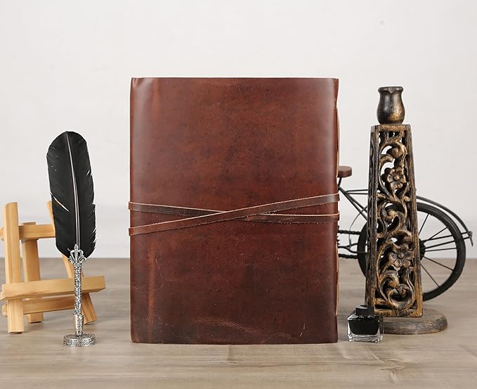 Leather Journal with Deckle Edge Paper 8x6 inch and Vintage Key | Handmade Writing Notebook Diary | Bound Daily Notepad for Men & Women Medium, Sketch/Writing pad for Artists