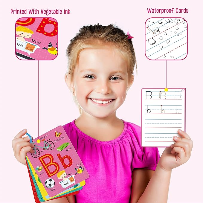 31 PCS Alphabet Flash Cards, Double-Sided Printing Dry Erase Letters Sight Words and Number Learning Cards Letter Tracing Practice Cards for Preschool, Kindergarten (2 Reclosable Rings & 2 Markers)