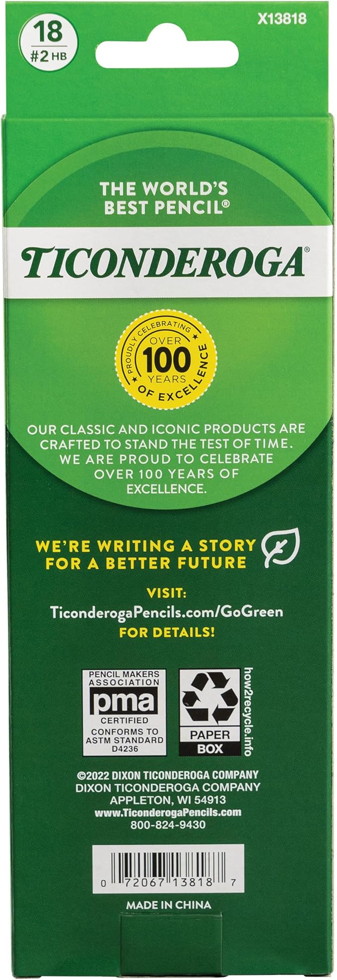 Ticonderoga Wood-Cased Pencils, Pre-Sharpened, #2 HB Soft, Yellow, 18 Count
