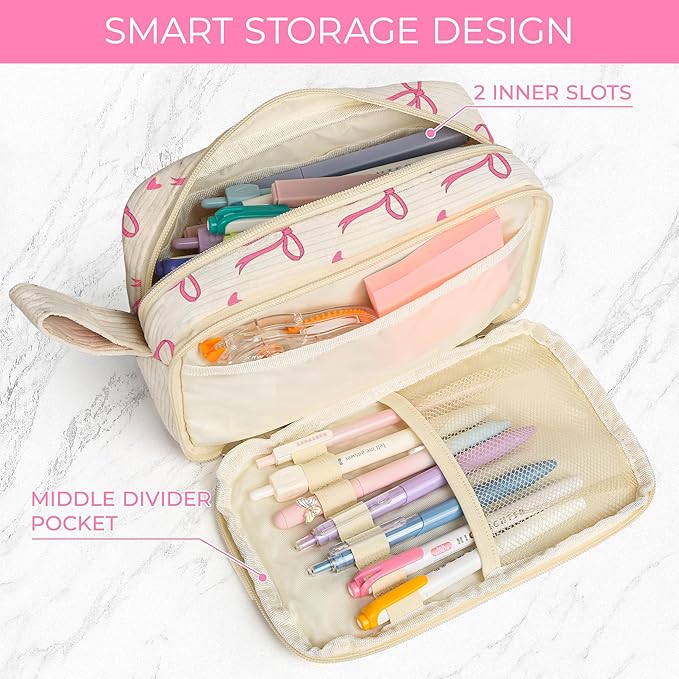 WOBAGMEN Cute Pencil Case,Large Corduroy Zippered Pencil Case Pouch, aesthetic Pencil Bag with Compartments, Pencil Pouch School Supplies (pink bow)