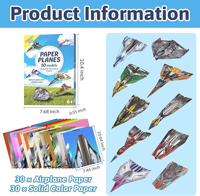 AluAbi Paper Airplane Kits, 60 Sheets Double Sided Colored Origami with Instructions Book and Video, Birthday Crafts Gift for Kids Ages 6-12