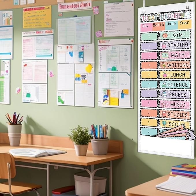 JarThenaAMCS Pastel Composition Daily Schedule Pocket Chart 13 x 35.5 in Back to School 13 + 1 Pocket Visual Schedule Chart Board with 24 Card for Classroom Home Office Supplies