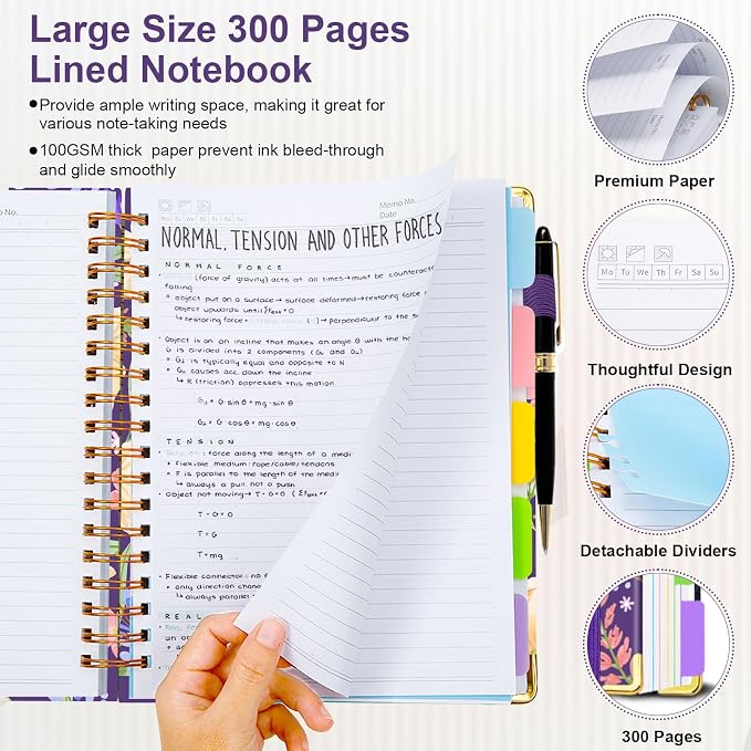 Spiral Journal Notebooks for Work, 300 Pages 5 Subject Notebook College Ruled with Dividers & Tabs, Notebook Journal for Women Students Note-Taking and Organizer (Purple Floral, 8.5''x 11'')