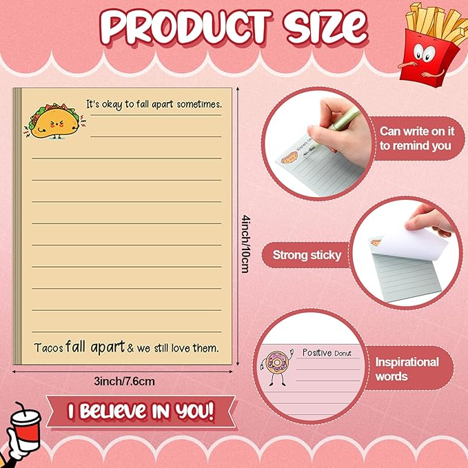AmazingSpark 12 Pcs Cute Inspirational Sticky Notes, 4 * 3 Motivational Notepads Positive Emotional Support Gift Funny Lined Memo Note Pads for Office Desk Supplies Coworker Employee(Foods,Drinks)