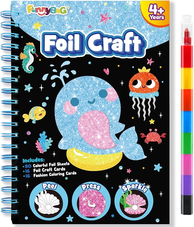 FUNNYB&G Foil Art Craft Kit for Kids 4-10 Years Old: Mess-Free & No-Glue, Create 16 Sparkly Ocean Pictures – Perfect Travel Toy & Birthday Gift for Kids (Ocean)