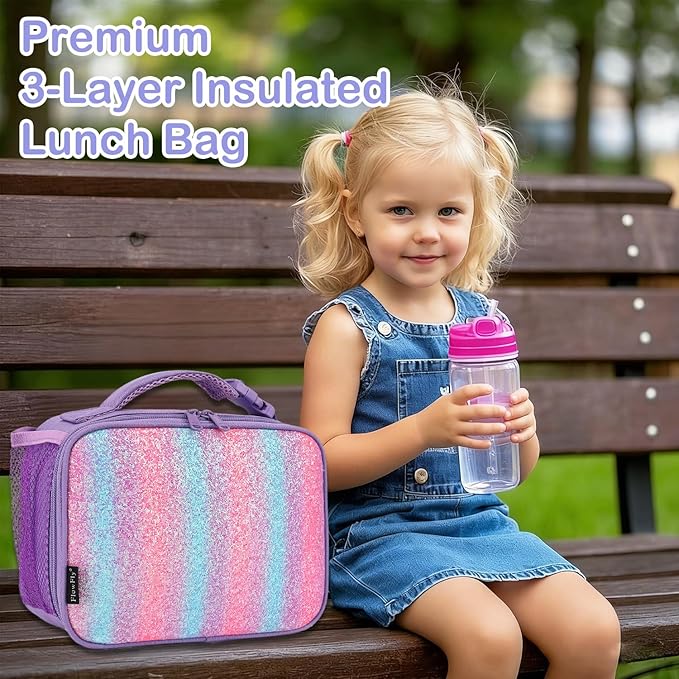 FlowFly Kids Lunch box Insulated Soft Bag Mini Cooler Back to School Thermal Meal Tote Kit for Girls, Boys,Purple#Glitter