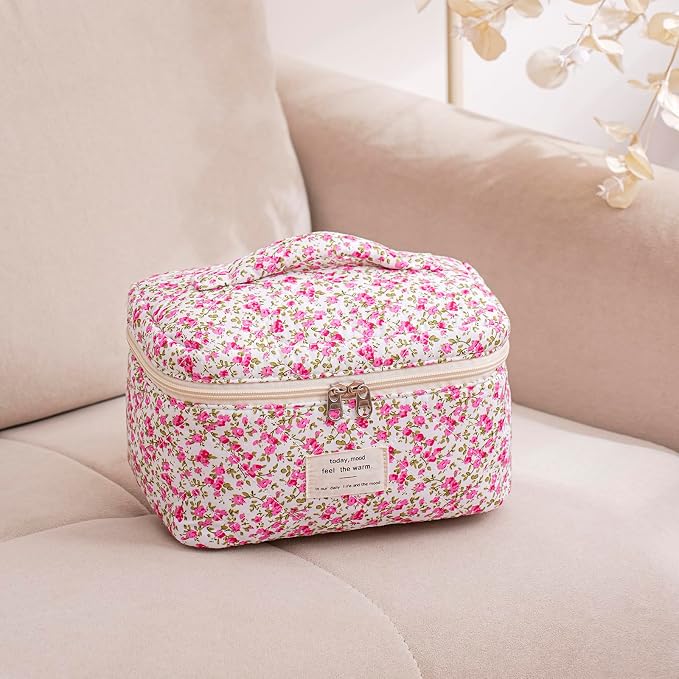 uekeboag Large Travel Quilted Makeup Bag for Women | Soft Floral Cotton Cosmetic Bag, Foldable Coquette Aesthetic Toiletry Organizer