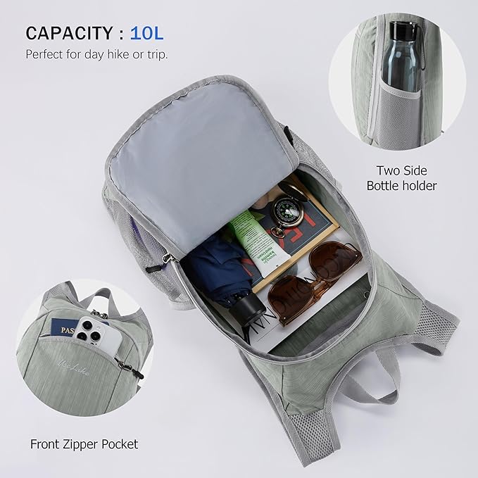 Uselike 10L Small Hiking Backpack Travel Daypack Lightweight Packable Back Pack for Women Men(Light Grey)