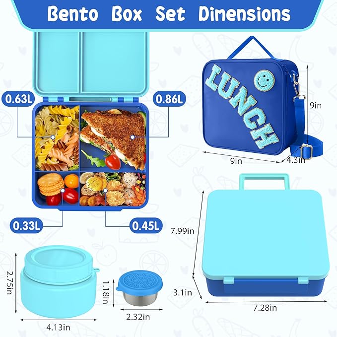 Aimsnk Kids Bento Lunch Box with 8oz Soup Thermo, Kids Leakproof Lunch Food Containers with 4 Compartment,Insulated Hot Food Jar with Lunch Bag for School, Travel (Blue)