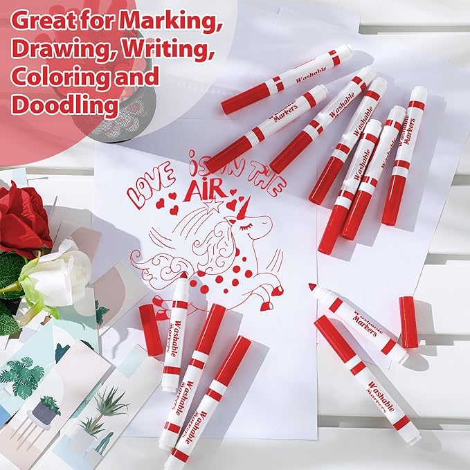 36 Pcs Red Washable Markers Bulk Coloring Broad Line Markers for Kids Red Conical Tip Drawing Pen for Christmas, School Supplies, Travel Art Baby Shower Gender Reveal Party Supplies, Ages 6+