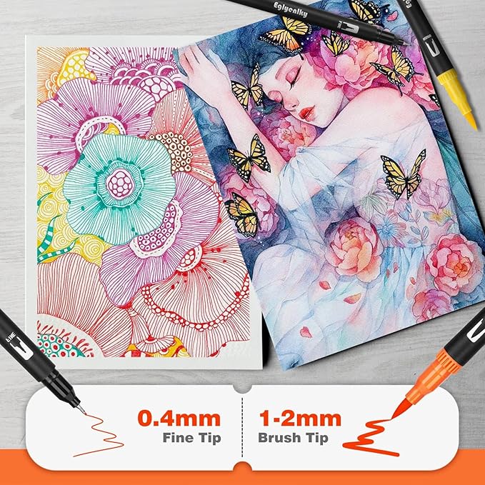 Eglyenlky Dual Brush Pens, Markers Adult Coloring Book,100 Colors Art Pens with Fine Point Markers and Brush Tip for Adult Kids Drawing (Black Set)
