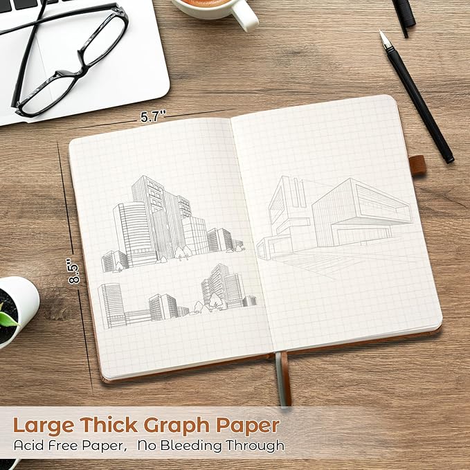 Graph Paper Notebook, Hardcover Notebook, Grid Notebook Journal for Women, Men, Large Leather Journals for Writing, Thick Paper, A5 Notebooks for Work, School Supplies, Engineering, 5.7"x8.5", Brown