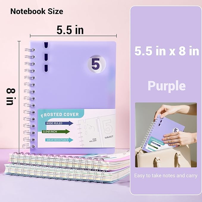 FLYING EAGLE 2 Pcs 5 Subject Notebook Wide Ruled, Small Spiral Notebook 5x7 for Work, 408 Pages Lined Journal with Removable Dividers, Small Notebooks for Work, Violet