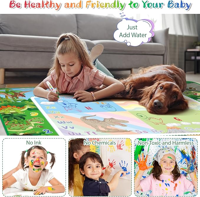 Water Doodle Mat 60×40 Inches Kids Mess Free Coloring for Toddlers 3 4 5 6 7 8 9 Years, Large Doodle Mat with 4 Magical Water Pens 0-9 Number Educational Toys Boys Girls Christmas Birthday Present