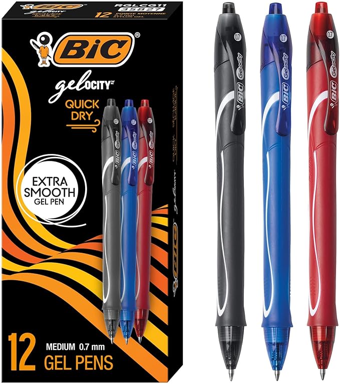 BIC Gelocity Quick Dry Assorted Colors Gel Pens, Medium Point (0.7mm), 12-Count Pack, Retractable Gel Pens With Comfortable Full Grip