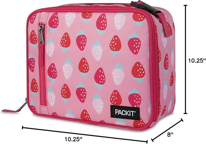 PackIt Freezable Classic Lunch Box, Sweet Strawberry, Built with EcoFreeze Technology, Collapsible, Reusable, Zip Closure With Zip Front Pocket and Buckle Handle, Designed for Fresh Lunch On the Go
