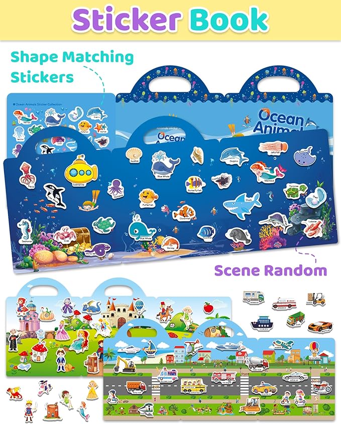 Benresive Reusable Sticker Book for Toddlers, Stickers for Kids, Travel Toys for Arts & Crafts Activities, Birthday Gift for Boys & Girls, Ocean Animals, Fairy and Vehicle Themes