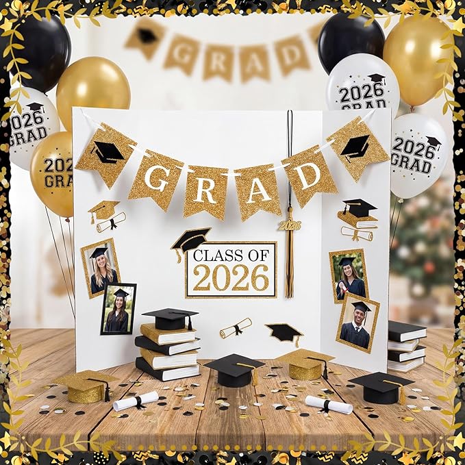 Eaasty 4 Pack Graduation Photo Display Board Decoration 24 X16 Inch Trifold Poster Board with Banners White Trifold Picture Display for Table Decor Class of 2026 Grad Party Collage Frame Supplies