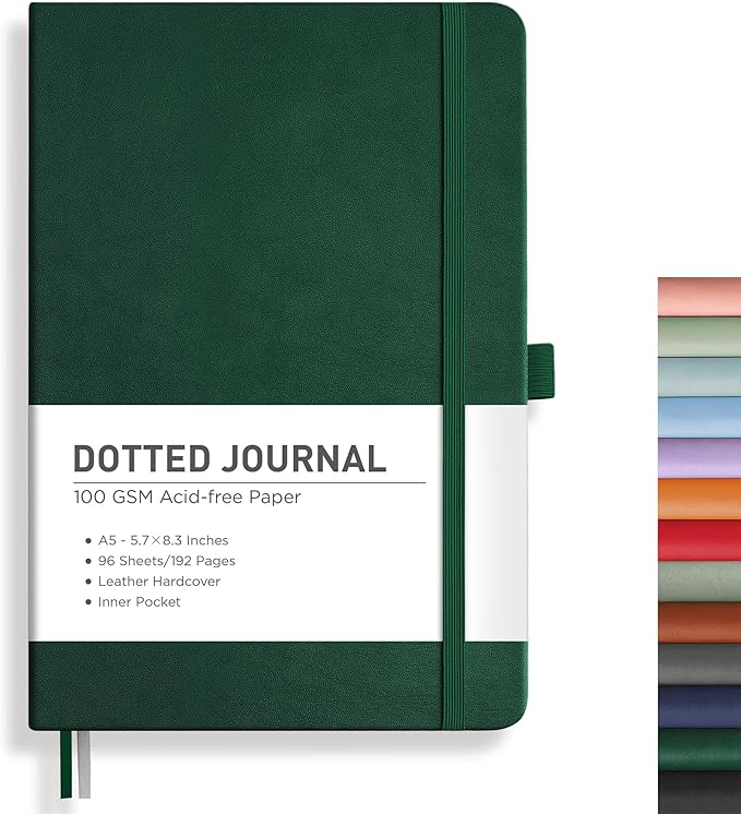 RETTACY Dotted Journal Notebook, 192 Pages, A5 Medium Size (5.7'' x 8.3''), Leather Hardcover, 100 GSM Thick Paper, for Journaling, Planning, Tracking (Dark Green)