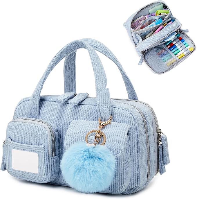 Pencil Case Corduroy Multiple Compartments Pouch Bag for Girl, Blue