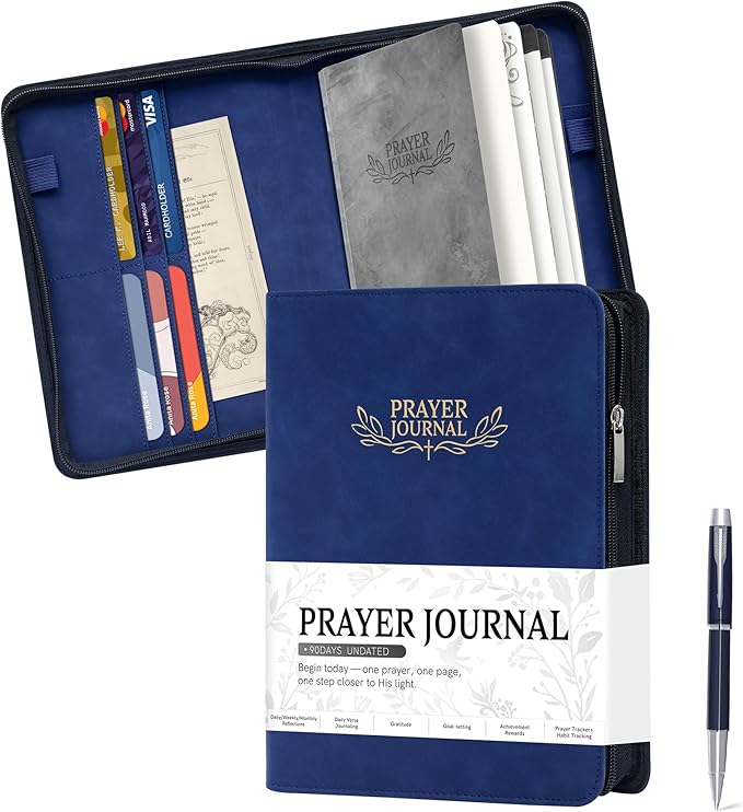 Ospelelf Prayer Journal Tracker Leather Christian Bible Zippered Notebook Daily Devotional Scripture Study Planner Gifts for Jesus Faith Believers Women Men Undated 3 Months Dark Bue