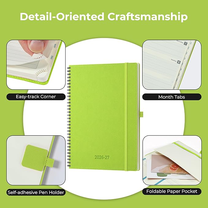Planner 2026-2027 Daily Weekly and Monthly,11.5"x8.5",18 Months Spiral Bound Calendar Agenda with Self-adhesive Pen Holder,2026 Academic Plan with Vegan Leather Soft Cover,Wasabi Green