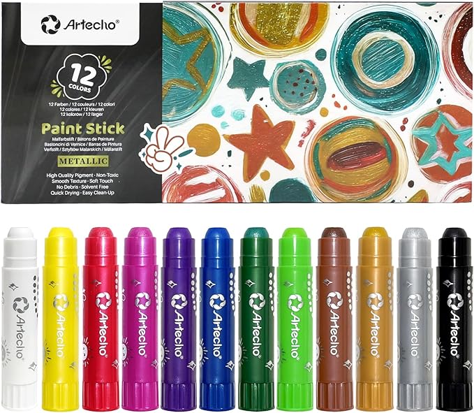 Artecho Tempera Paint Sticks, 12 Metallic Colors Washable Paint Sticks