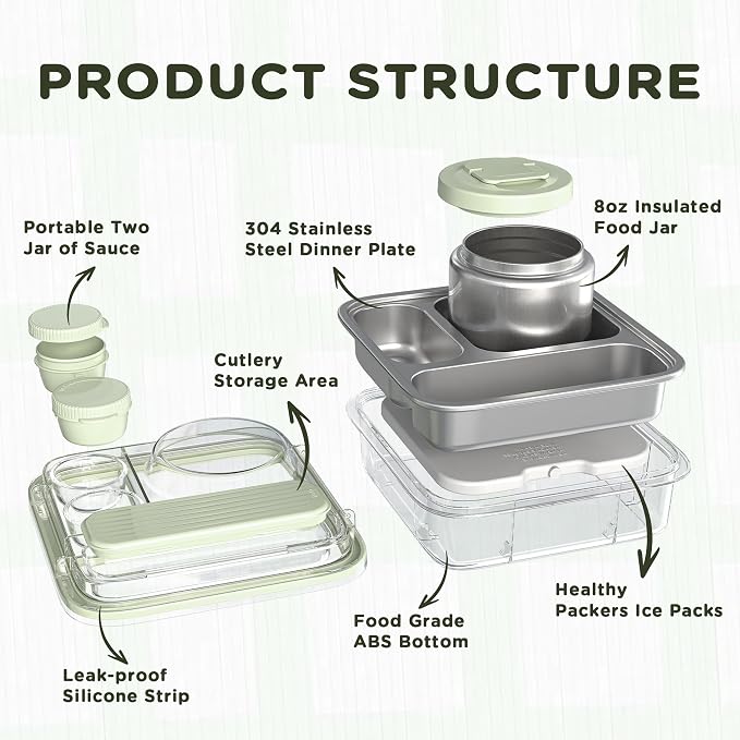 Stainless Steel Bento Lunch Box for Kids Adults with 8oz Insulated Food Jar, Leak-proof, Dishwasher-Safe, Transparent Lid with Sauce Cup and Cutlery Storage for School & Travel,BPA-Free(Green)