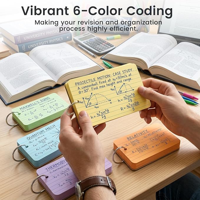 Koogel Index Cards 3x5 Inch with Ring, 300 Count, Colored Ruled Flash Cards for Studying, Heavyweight Lined Notecard for School Office Home Learning Memory Note Taking To Do List Supplies, 6 Colors