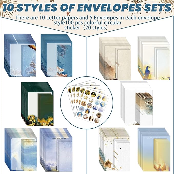 250Pcs Stationery Paper and Envelopes Set with 100 Letterhead Papers and 50 Envelope, 10 Design for Letter Writing Invitations Computer Holidays Party Notes, 8.5x11 Inch-Nativity