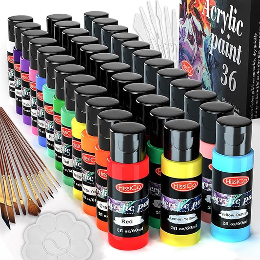 55PCS Acrylic Paint Set of 36 Colors 2fl oz 60ml Bottles 12 Brushes,Non Toxic 36 Colors Acrylic Paint No Fading Rich Pigment for Kids Adults Artists Canvas Crafts Wood Painting