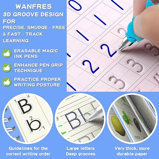 Magic Grooved Writing Practice|Grooved Handwriting Practice for Kids|Grooved Writing Books for Kids 3-5/3-10|4-in-1 Set with 2 Grips, 10 Disappearing Refills|Reusable ink Pen Control Training.