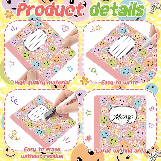 Crtiin Magnetic Name Tags for Lockers Composition Notebook Smile Face Dry Erase Labels Magnetic Reusable Name Tags for Back to School Whiteboard Classroom School Bus Locker Fridge