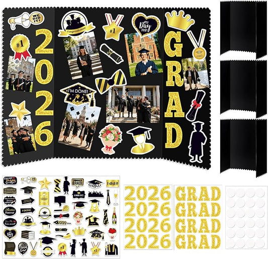 Graduation Photo Display Board - 4 Set Trifold Poster Board for Graduation Party, Folding Picture Presentation Frame for Multiple Pictures Table Decor (24x16 Inches)