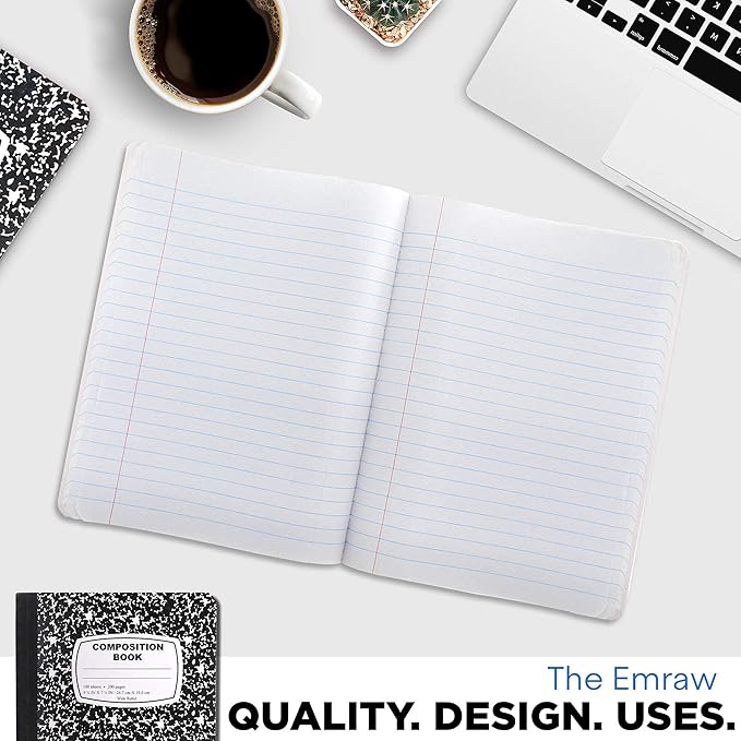 Emraw Black & White Marble Style Cover Composition Book with 100 Sheets of Wide Ruled White Paper (12 Pack)