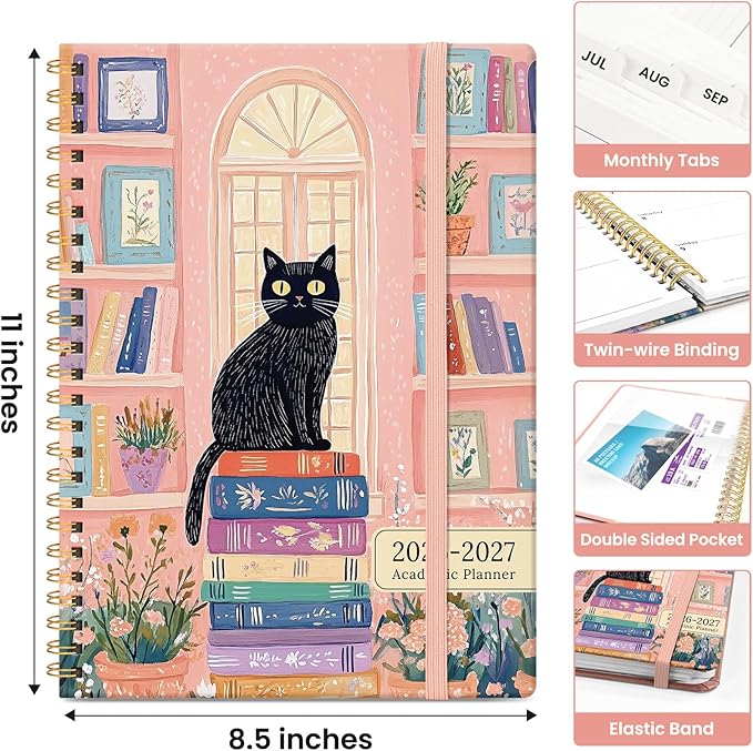 Planner 2026-2027, Academic Monthly and Weekly Calendar Planner for Women, July 2026 - June 2027, Hardcover Pretty Agenda Planner Book with Tabs, Spiral Daily Organizer for School Office Home Supplies, 8.5" x 11" - Bookish Kitty