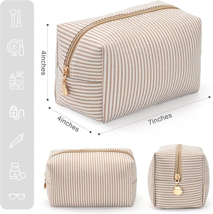 Makeup Bag Travel Toiletry Bag for Women, Small Cosmetic Bags Cute Stripe Beige Aesthetic Organizer Makeup Pouch for Purse Emergency Bag Pencil Case Accessory Bag