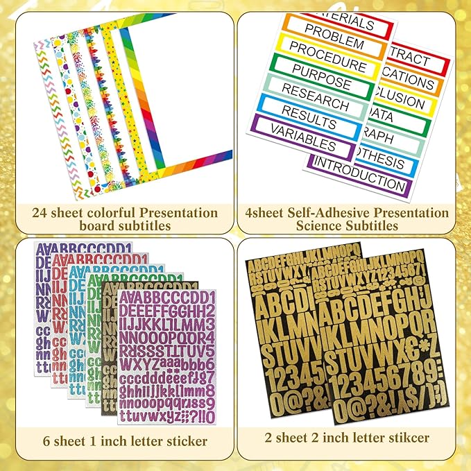 PerKoop 36 Sheets Science Fair Board Poster Boards Supplies 24 Self Adhesive Presentation Subtitles 4 Science Fair Project Titles 8 Personalized Letter Sticker for Classroom (Glitter Neon 1)