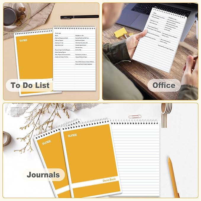 SUNEE 2 Pack Steno Pads 6x9, Gregg Rule, 60 Sheets, Spiral Notebook 6x9, White Paper, Take Notes with Top Spiral Notebook, for School, University, College, Work, Office, Yellow