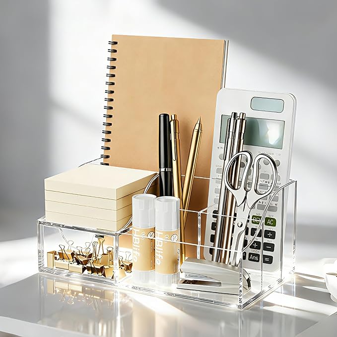 HBlife Acrylic Desk Organizer with 6 Compartments, Pen & Pencil Holder, Multifunctional Desktop Caddy for Office Supply and Organization (Clear)