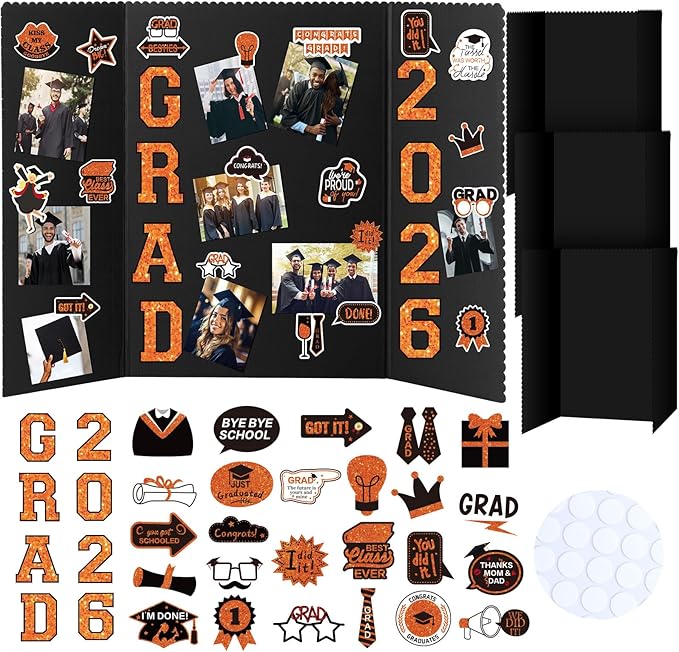 MiniInflat 4 Set 2026 Graduation Picture Trifold Poster Board Double-Sided Foldable Photo Display Board Graduation Decoration for Class of 2026 High School College DIY Craft(Orange,24 x 16 Inches)