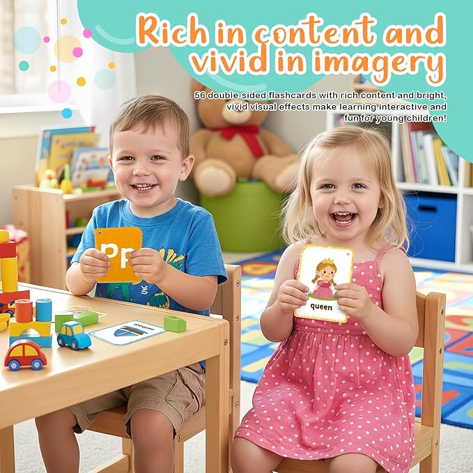 Flash Cards are Designed for Toddlers Aged 1-3. The Set Includes 56 Double-Sided Preschool Flash Cards Featuring The Alphabet, Numbers, Colors, and Shapes.
