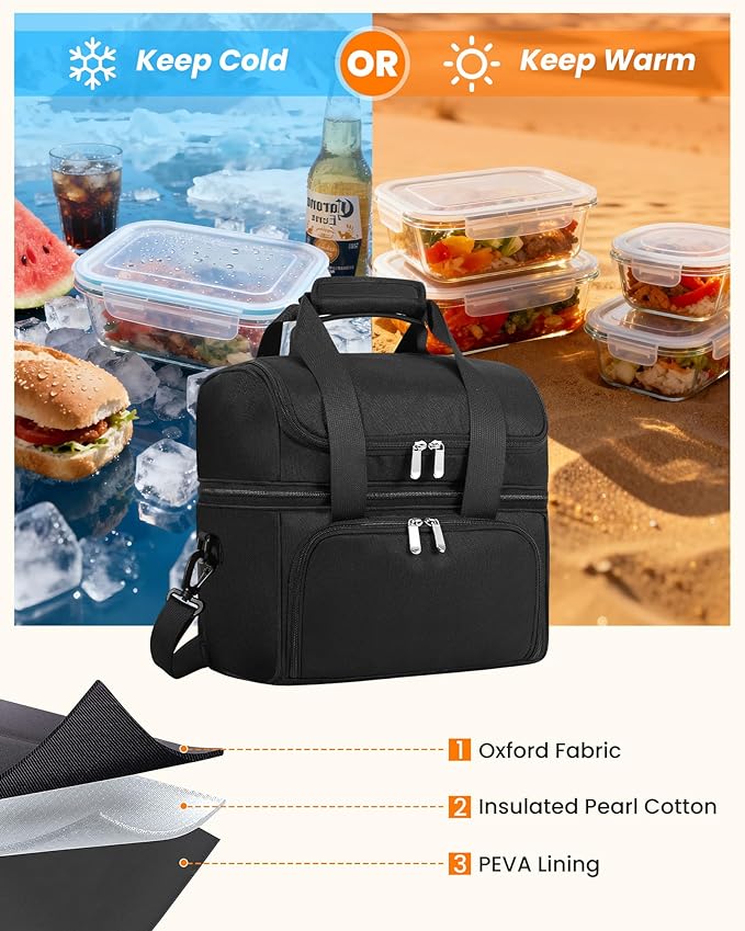HowFly Lunch Box for Women Insulated Lunch Bag Cute Resuable Leakproof Lunch Box Portable Thermal Meal Cooler Bags for Work Picnic Travel Office (Black Nylon)