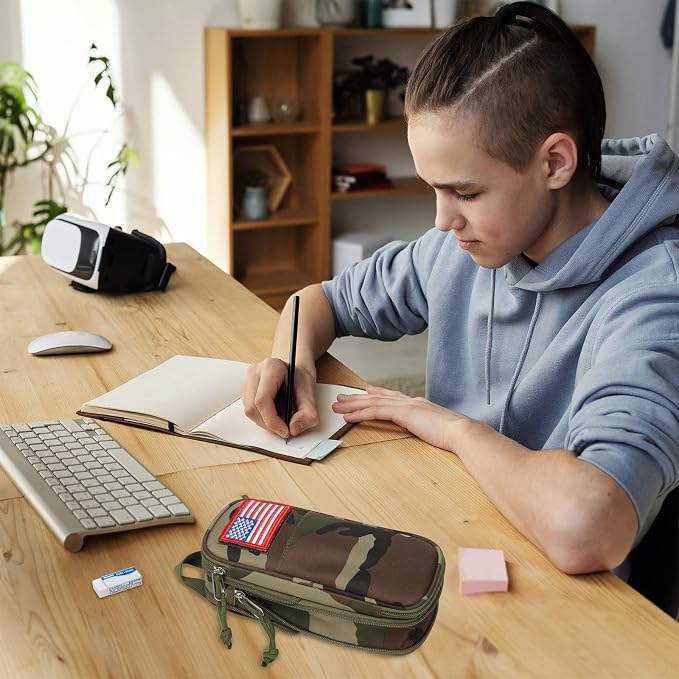 Pencil Case Big Capacity High Large Storage Tactical Small Tool Pouch Bag Marker Pen Case Stationery Bag Travel Holder School College Office Organizer for Kids Men Women Adult Teens (Camo Green)