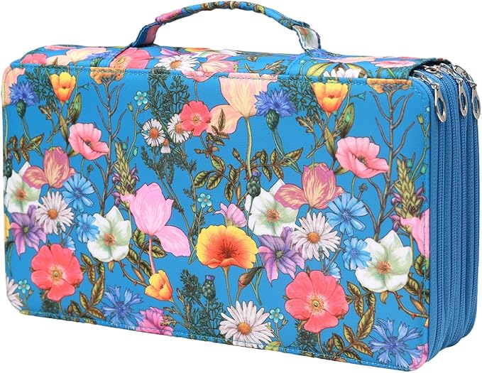 Colored Pencil Case - Large Capacity Colored Pencil Holder with Zipper Closure Twill Fabric Pencil Case for 300 Colored Pencils or 200 Gel Pen, Pencil Case Organizer for Artist (Blue Flower)