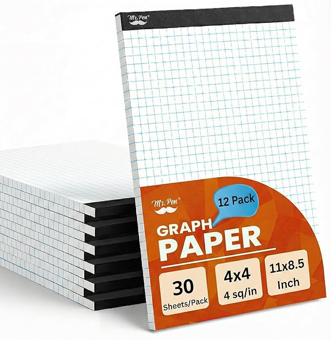 Mr. Pen- Graph Paper, 12 Pack, 30 Sheets/Pack, 8.5"x11", 4x4 (4 Squares Per Inch), Math Graph Paper Pad, Computation Pads