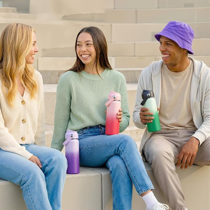 Fijinhom 18oz Insulated Stainless Steel Water Bottle, Wide Mouth Double Wall Vacuum, Silicone Straw, Sweat & Leak Proof, BPA Free Insulated Water Flask for Travel, Green Gradient