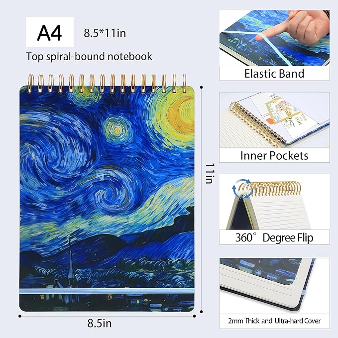 Top Spiral Notebook 8.5x11,Van Gogh Notebooks,Top Steno Notepad 240 Pages, College Ruled, Hardcover Steno Pads, Left-Handed,Spiral Notepads for Work,Office,school supplies Starry Night