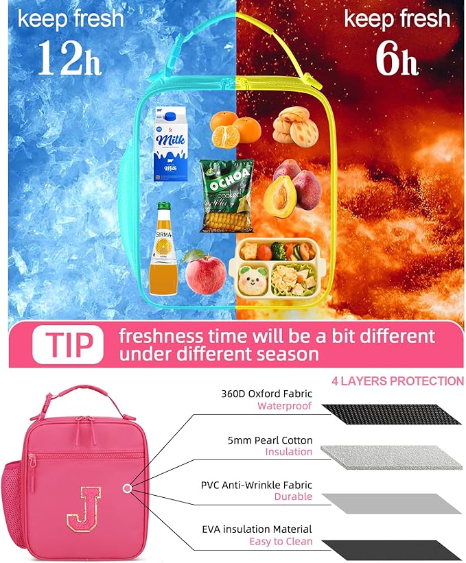 Initial Insulated Lunch Bag for Girls Kids, Back to School Gift, Reusable Leak-proof Lunch Box with Adjustable Strap for School Daycare Travel Picnic (Rosy Red,J)