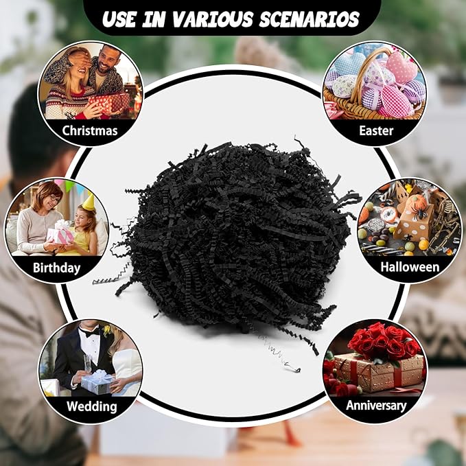 Tisspoms 1LB Black Crinkle Cut Paper Shred Filler, Paper Shreds for Basket Fillers, Birthday, Gift Wrapping, Anniversary, Wedding, Halloween, Thanksgiving, Christmas Gift Decor Party Filler